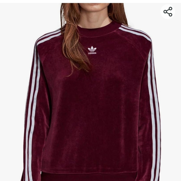 Adidas Velour Crew Neck Maroon Trefoil Sweatshirt Size M - Picture 3 of 12